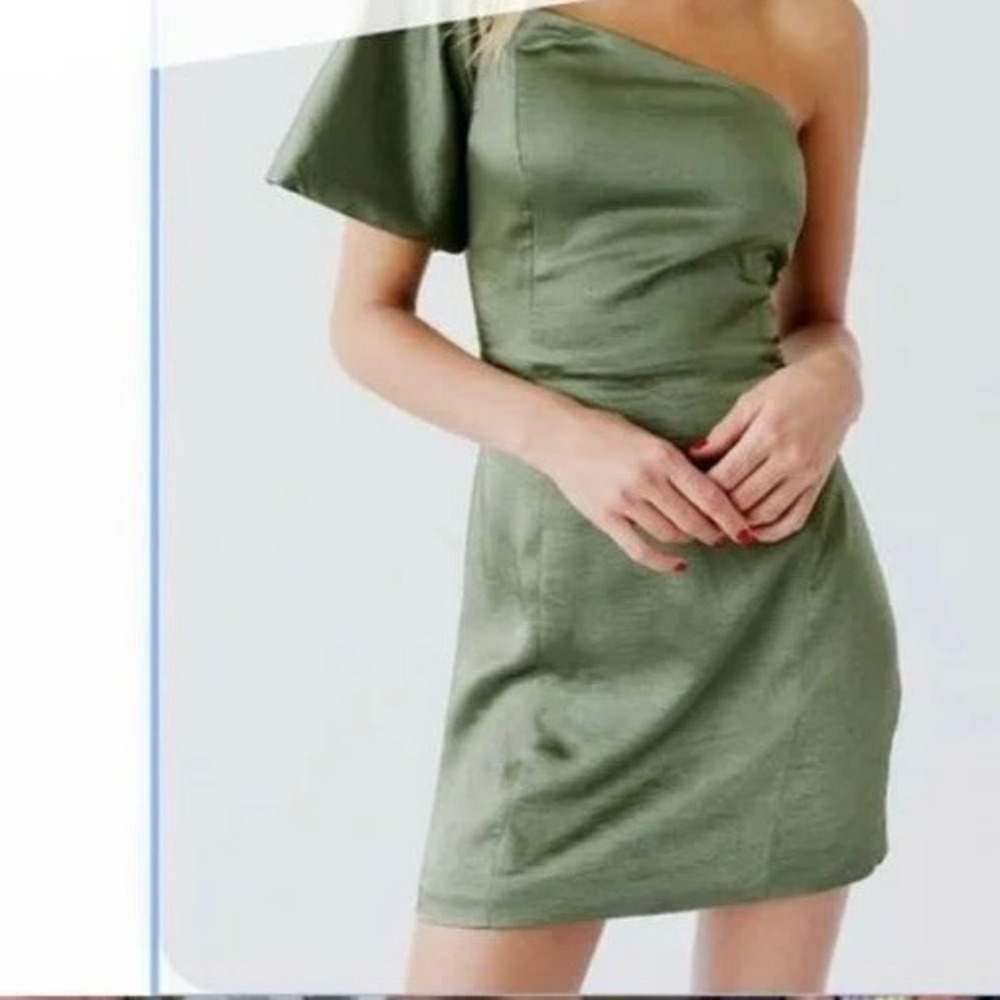 Free People x Fame & Partners Ruffle One Shoulder Cara Mini Dress Green Sz 4